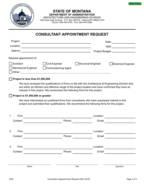 Agency Consultant Appointment Request - Montana Download Pdf