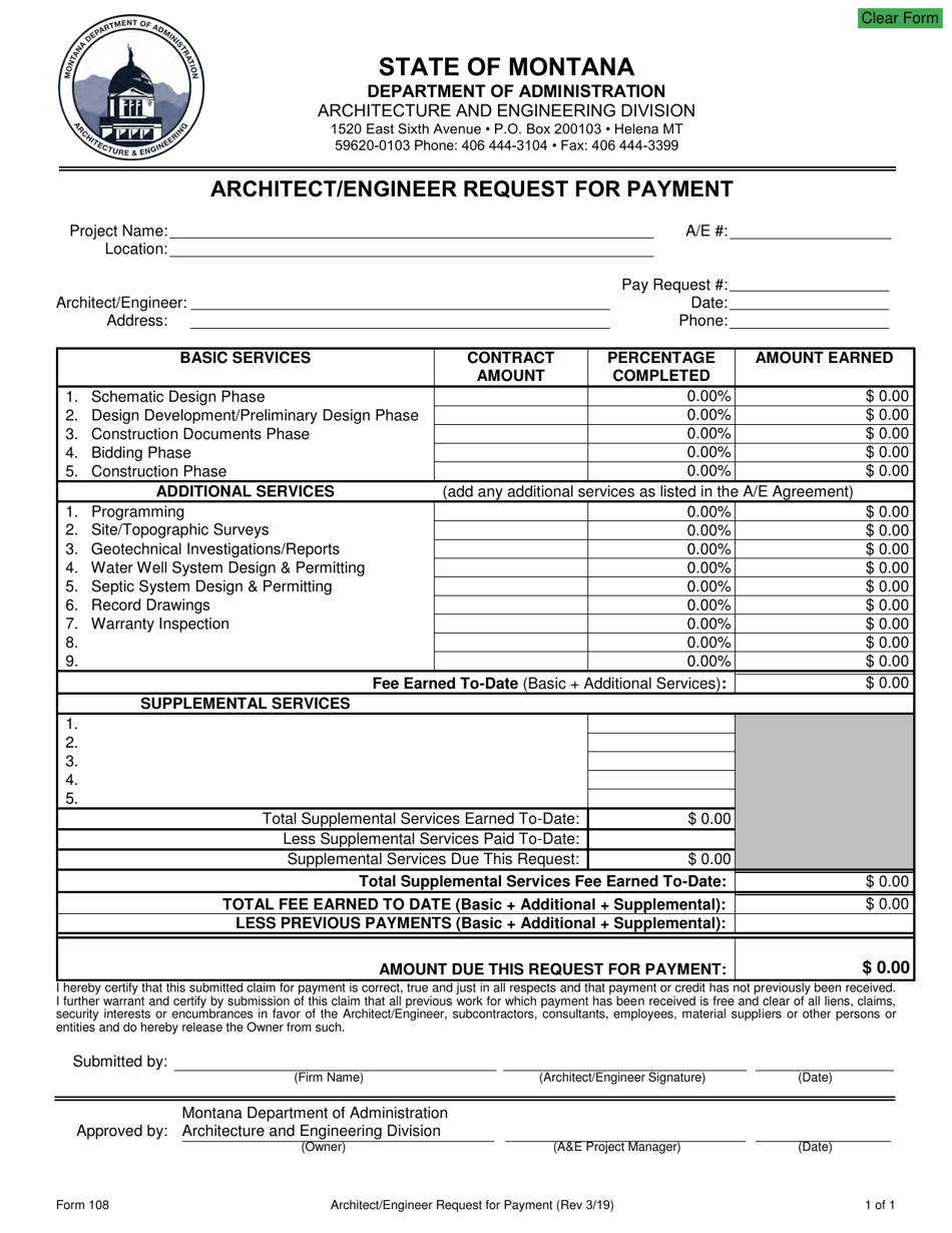Form 108 Architect / Engineer Request for Payment - Montana, Page 1