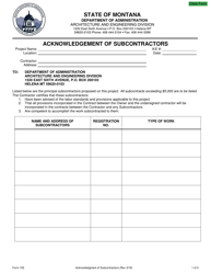 Form 102 &quot;Acknowledgement of Subcontractors&quot; - Montana