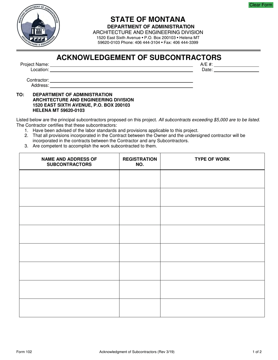 Form 102 Acknowledgement of Subcontractors - Montana, Page 1