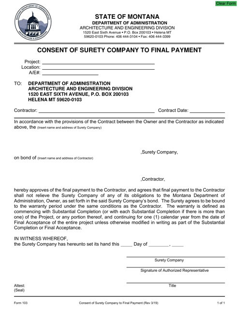 Form 103 Consent of Surety to Final Payment - Montana
