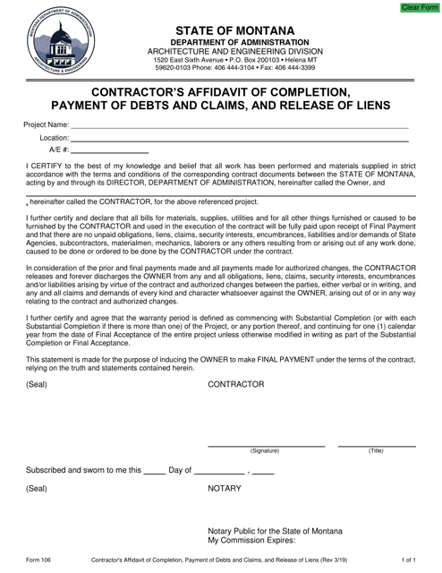 Form 106 Contractor's Affidavit of Completion, Payment of Debts and Claims, and Release of Liens - Montana