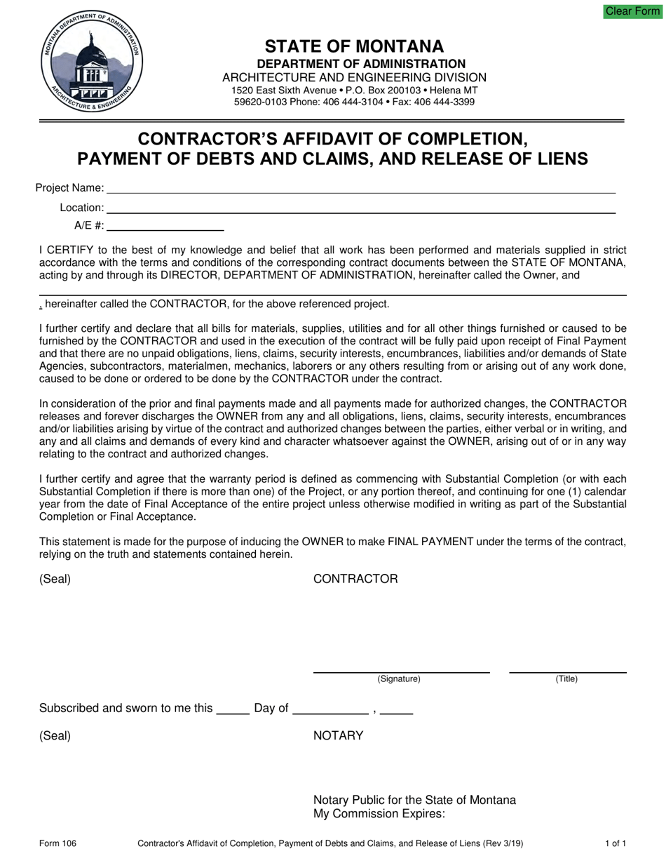 Form 106 Contractors Affidavit of Completion, Payment of Debts and Claims, and Release of Liens - Montana, Page 1