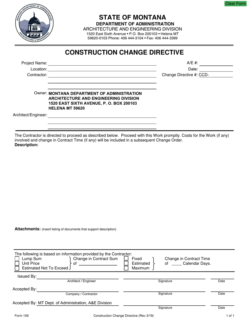 Form 109 Construction Change Directive - Montana, Page 1