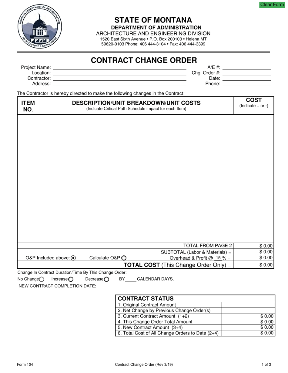 Form 104 Contract Change Order - Montana, Page 1