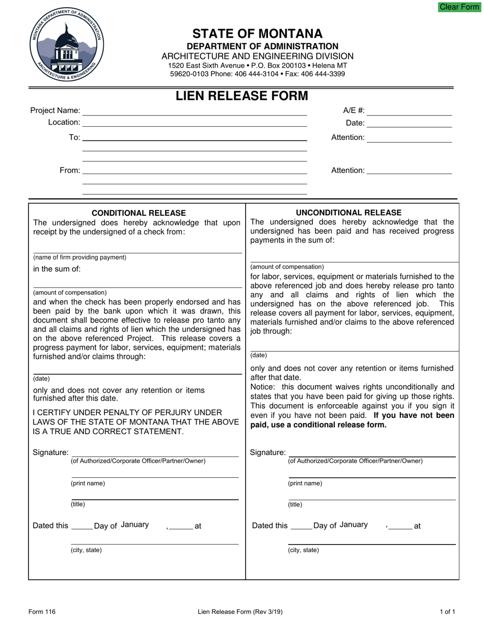 Form 116 Lien Release Form - Montana, Page 1
