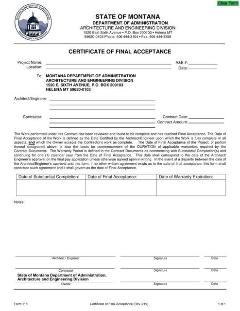 Form 118 Certificate of Final Acceptance - Montana