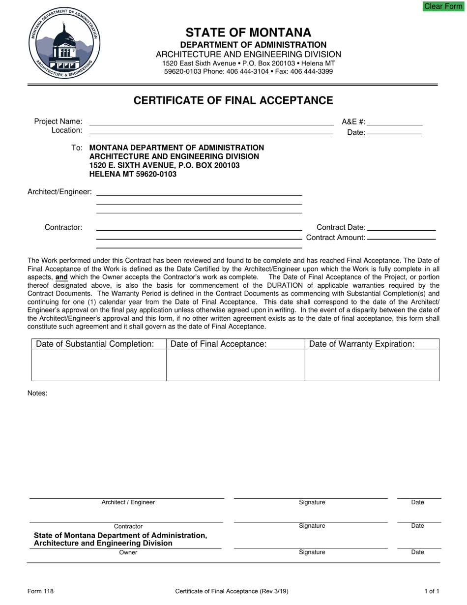 Form 118 Certificate of Final Acceptance - Montana, Page 1