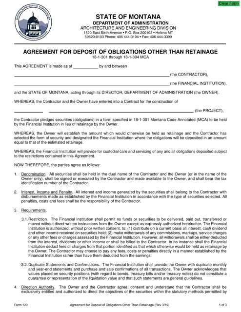 Form 120 Agreement for Deposit of Obligations Other Than Retainage - Montana