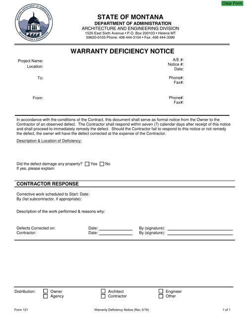 Form 121 Warranty Defect Notice - Montana