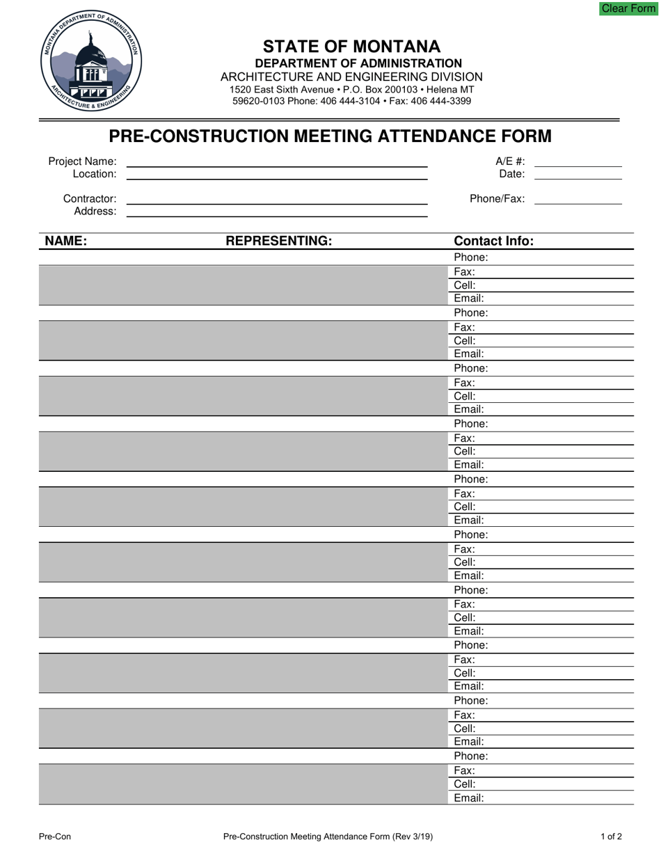 Pre-construction Meeting Attendance Form - Montana, Page 1
