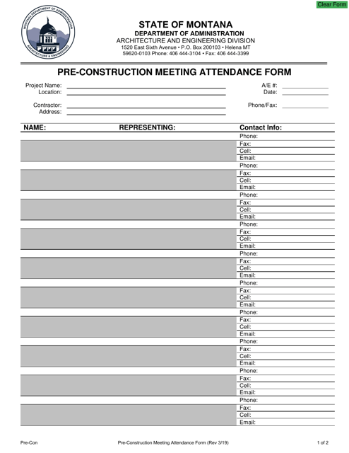Pre-construction Meeting Attendance Form - Montana Download Pdf