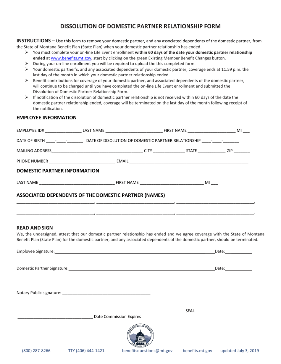 Dissolution of Domestic Partner Relationship Form - Montana, Page 1