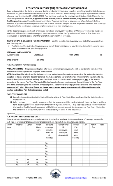 Reduction in Force (Rif) Prepayment Option Form - Montana Download Pdf