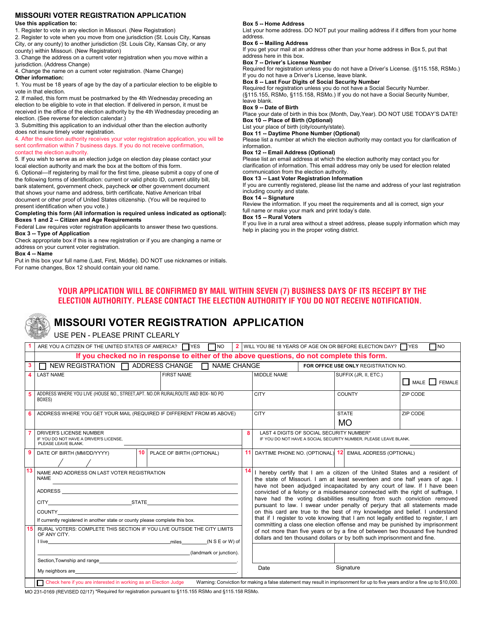 Form MO231-0169 Missouri Voter Registration Application - Missouri