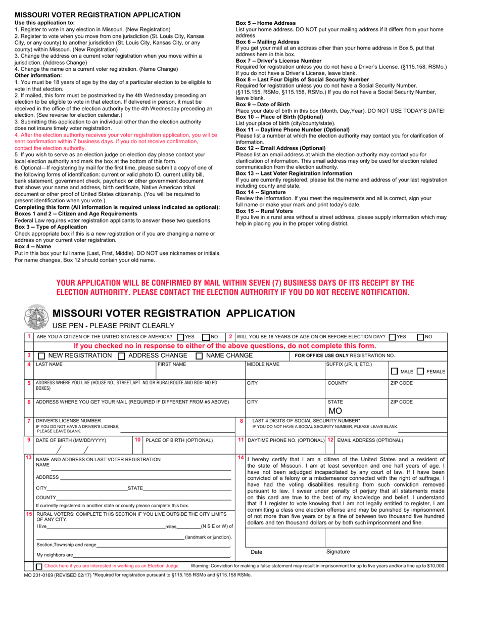 Form MO231-0169 Missouri Voter Registration Application - Missouri, Page 1