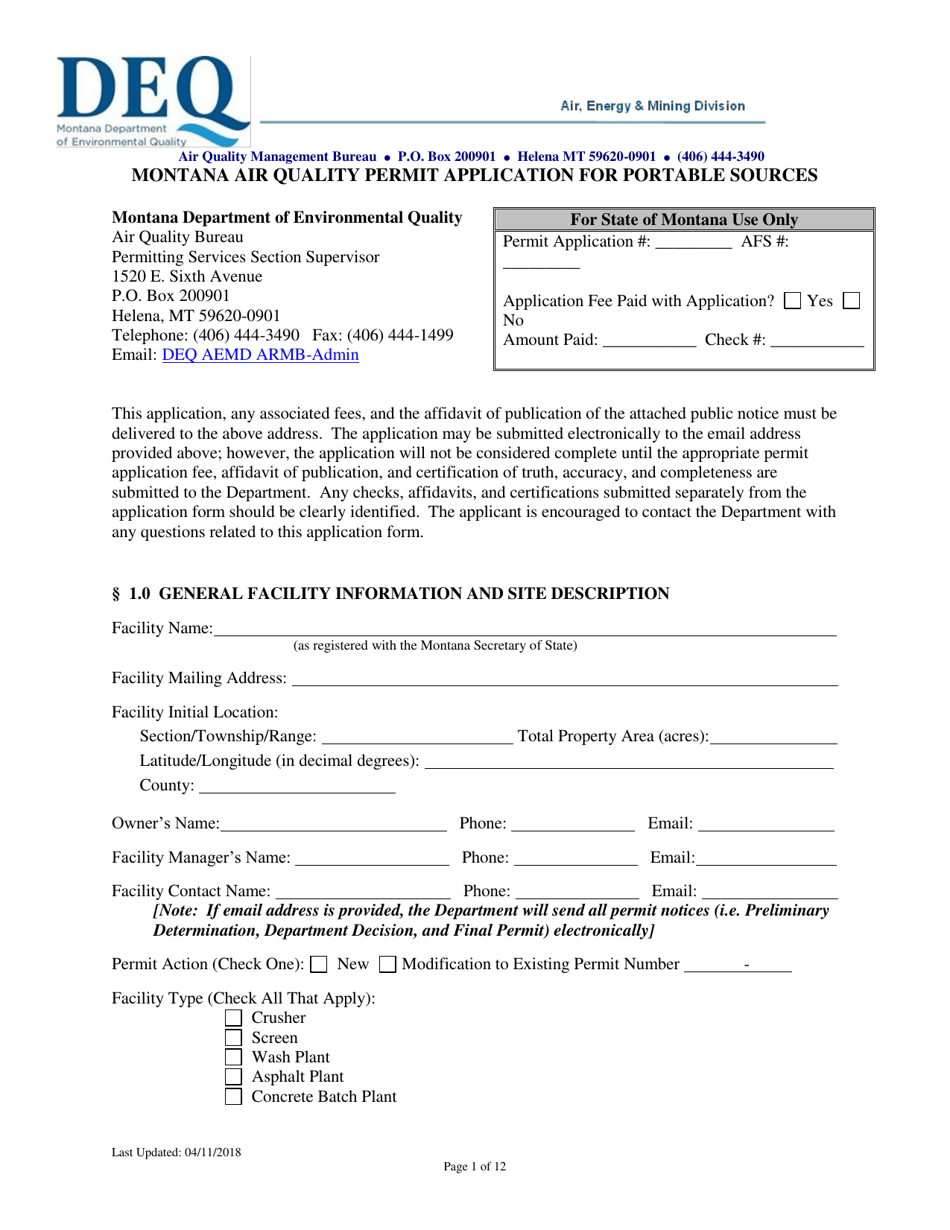 Montana Air Quality Permit Application for Portable Sources - Montana, Page 1