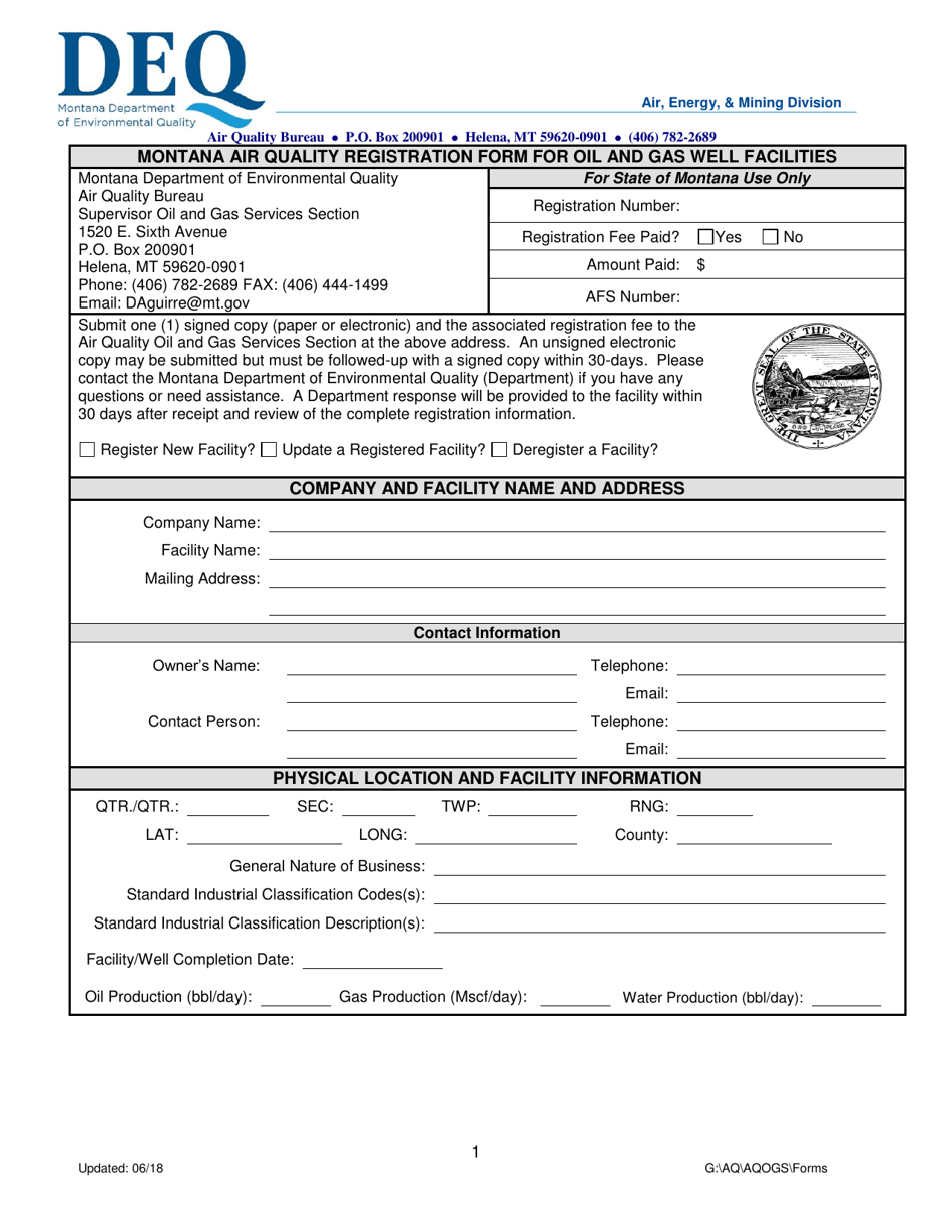 Montana Air Quality Registration Form for Oil and Gas Well Facilities - Montana, Page 1