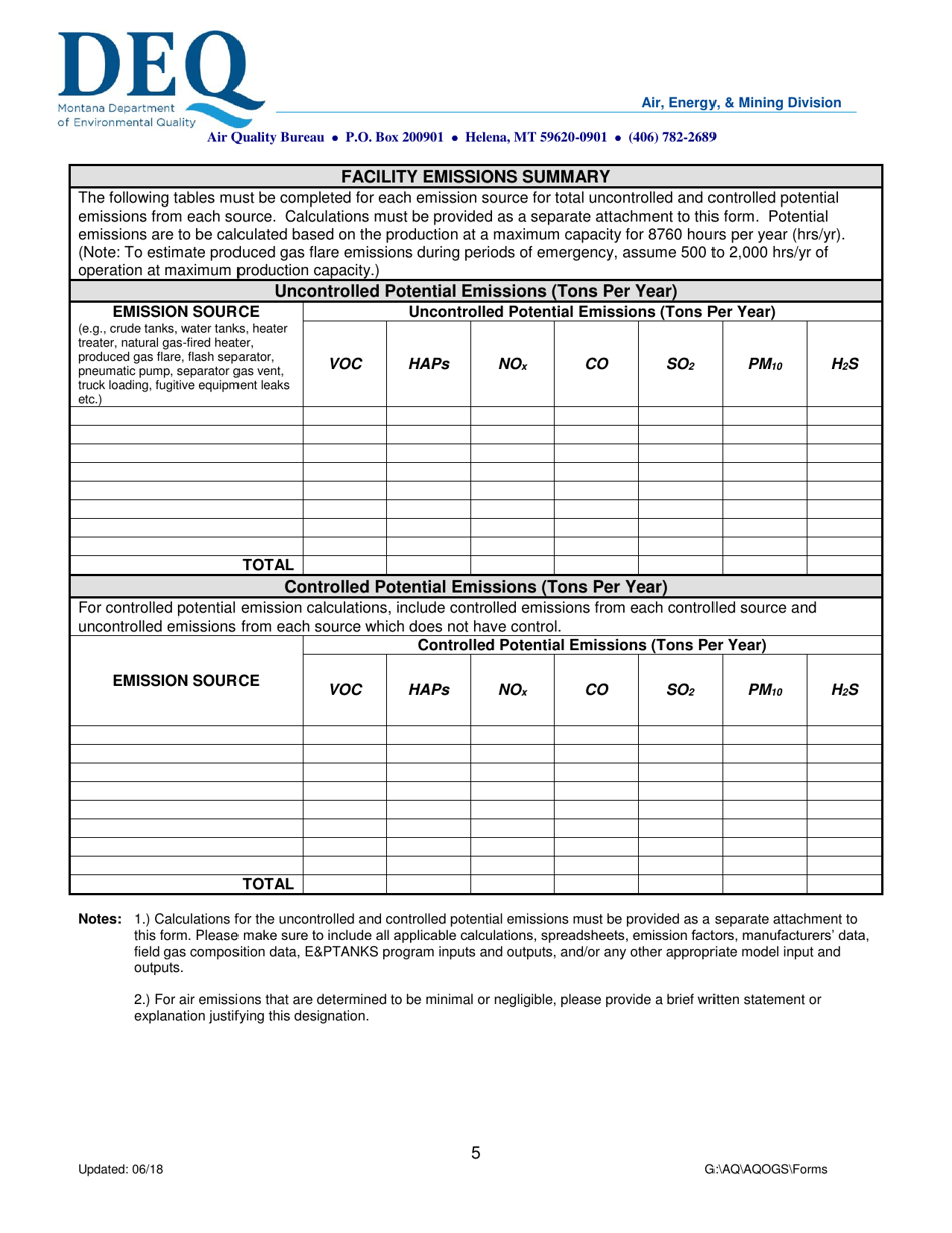 Montana Air Quality Registration Form for Oil and Gas Well Facilities - Montana, Page 5