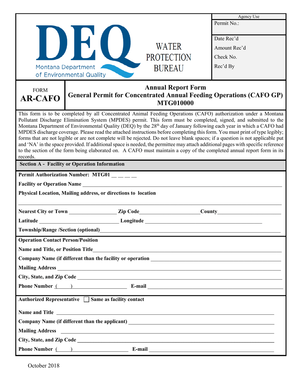 Form AR-CAFO Annual Report Form General Permit for Concentrated Annual Feeding Operations (Cafo Gp) - Montana, Page 1