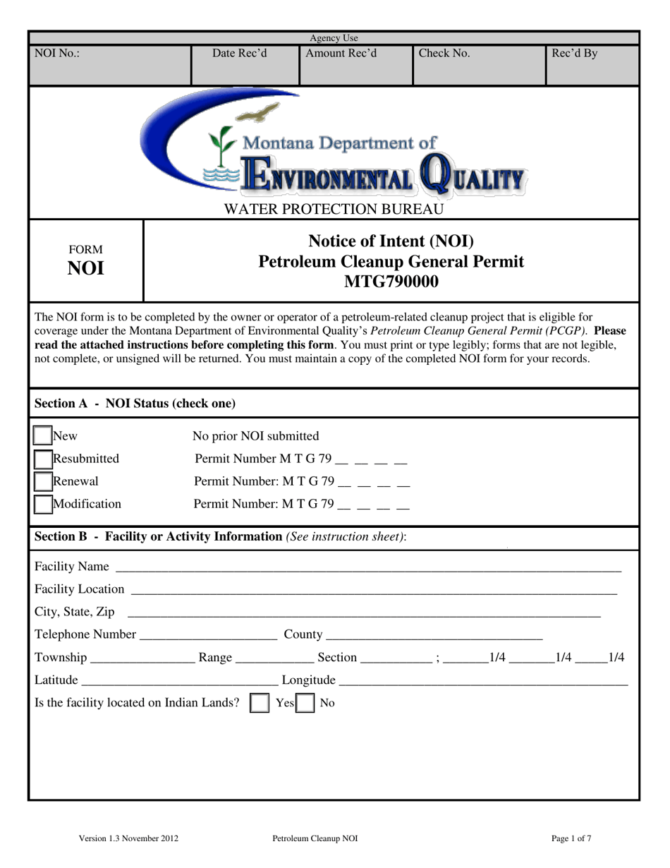 Form NOI Notice of Intent (Noi) Petroleum Cleanup General Permit - Montana, Page 1