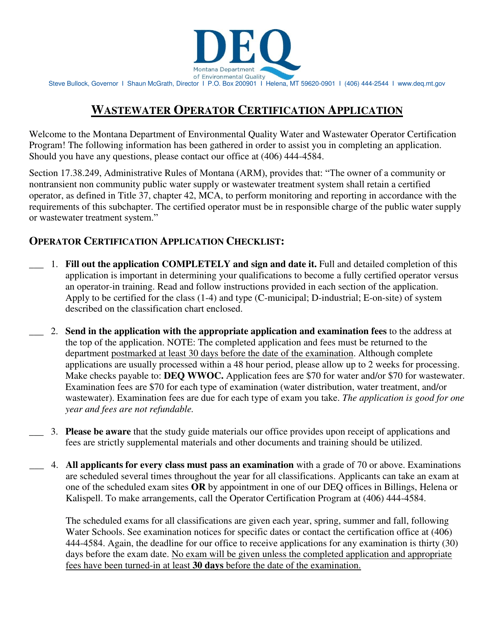 Wastewater Operator Certification Application Checklist - Montana Download Pdf