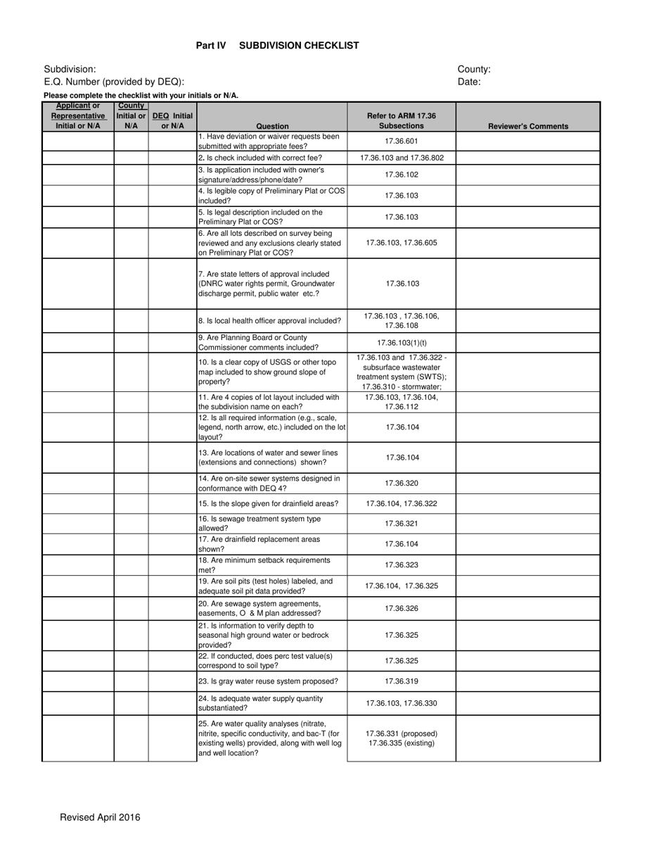 Part IV Subdivision Checklist - Montana, Page 1