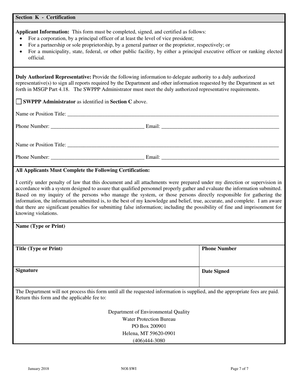 Form NOI-SWI - Fill Out, Sign Online and Download Fillable PDF, Montana ...