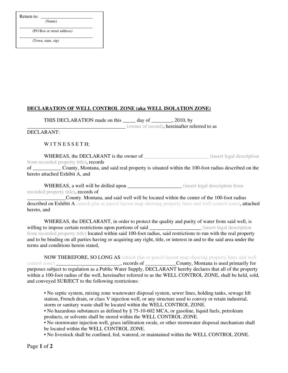 Declaration of Well Control Zone (Aka Well Isolation Zone) - Montana, Page 1