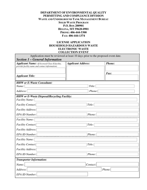 License Application for Household Hazardous Waste or E-Waste Collection Event - Montana Download Pdf