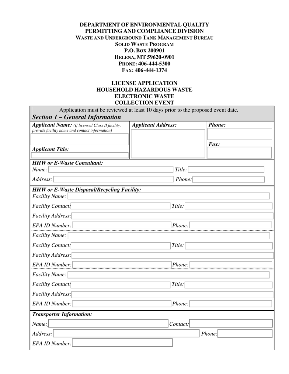 License Application for Household Hazardous Waste or E-Waste Collection Event - Montana, Page 1