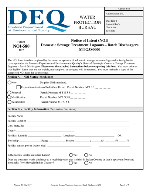 Form NOI-580 Notice of Intent (Noi) Domestic Sewage Treatment Lagoons - Batch Dischargers Mtg580000 - Montana