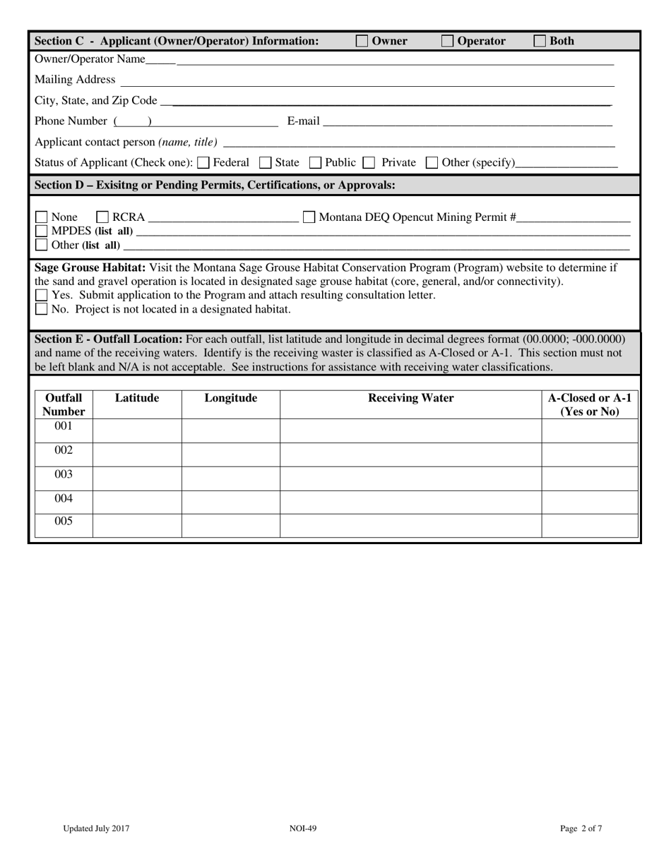 Form NOI-49 Notice of Intent (Noi) General Permit for Sand and Gravel Operations - Montana, Page 2