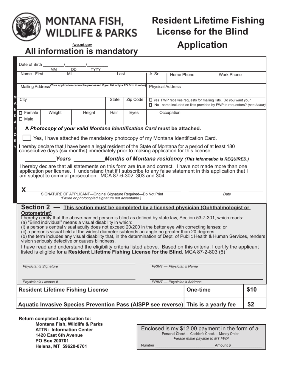 Resident Lifetime Fishing License for the Blind Application - Montana, Page 1