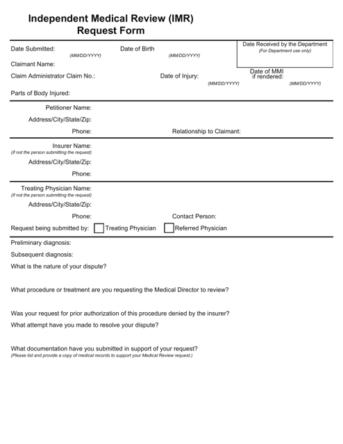 "Independent Medical Review (Imr) Request Form" - Montana Download Pdf