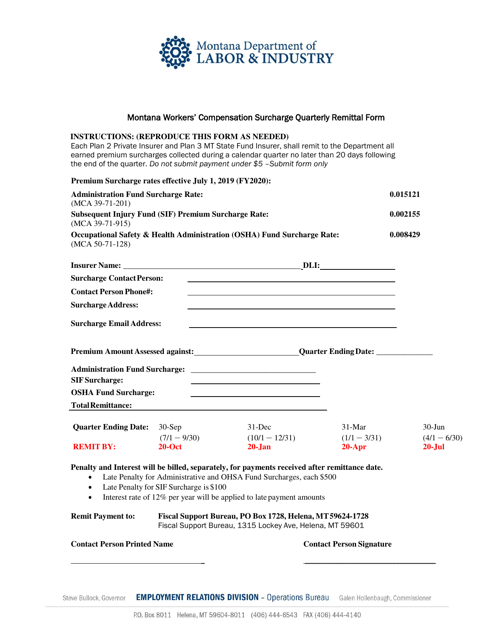 Montana Workers' Compensation Surcharge Quarterly Remittal Form - Montana Download Pdf