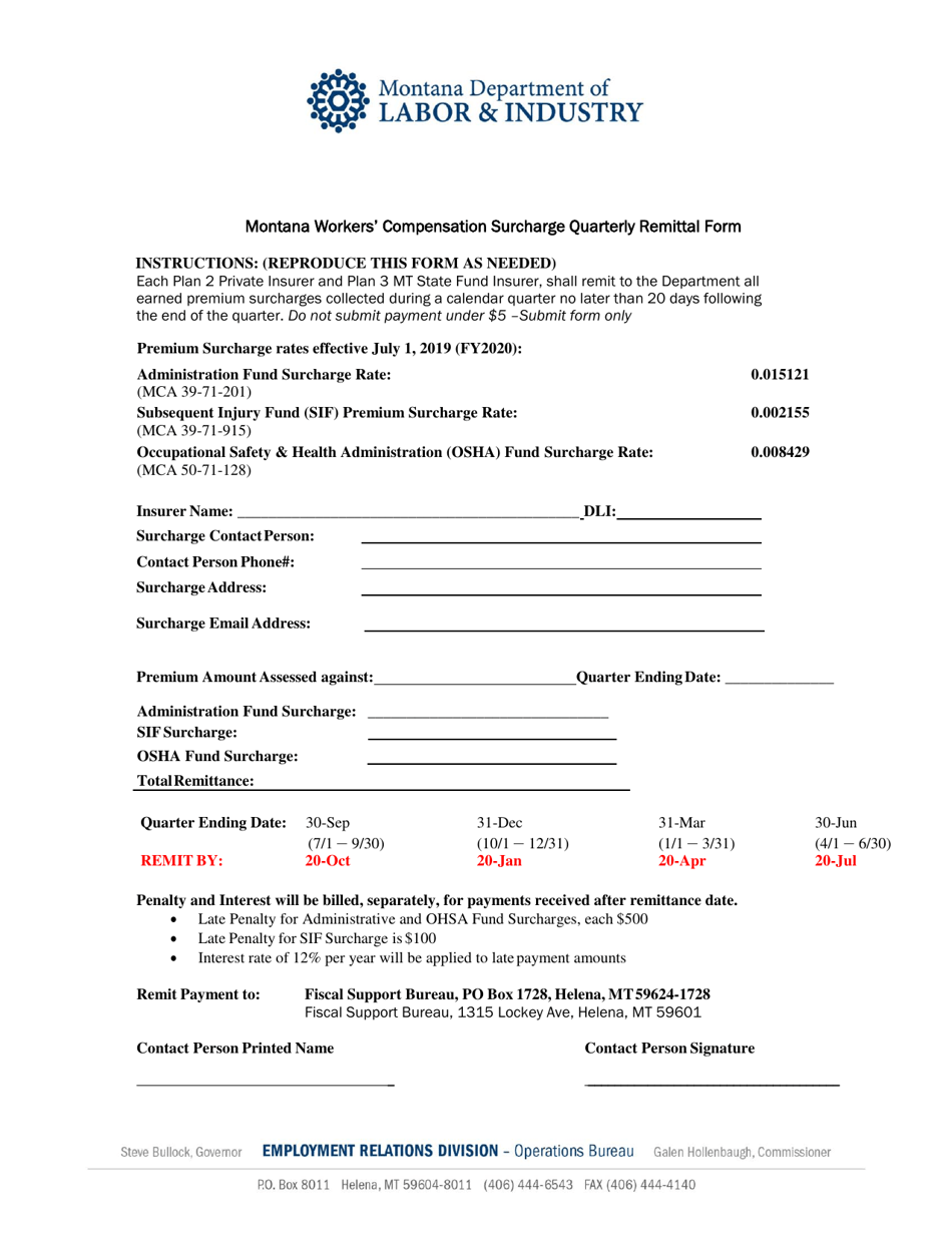 Montana Workers Compensation Surcharge Quarterly Remittal Form - Montana, Page 1