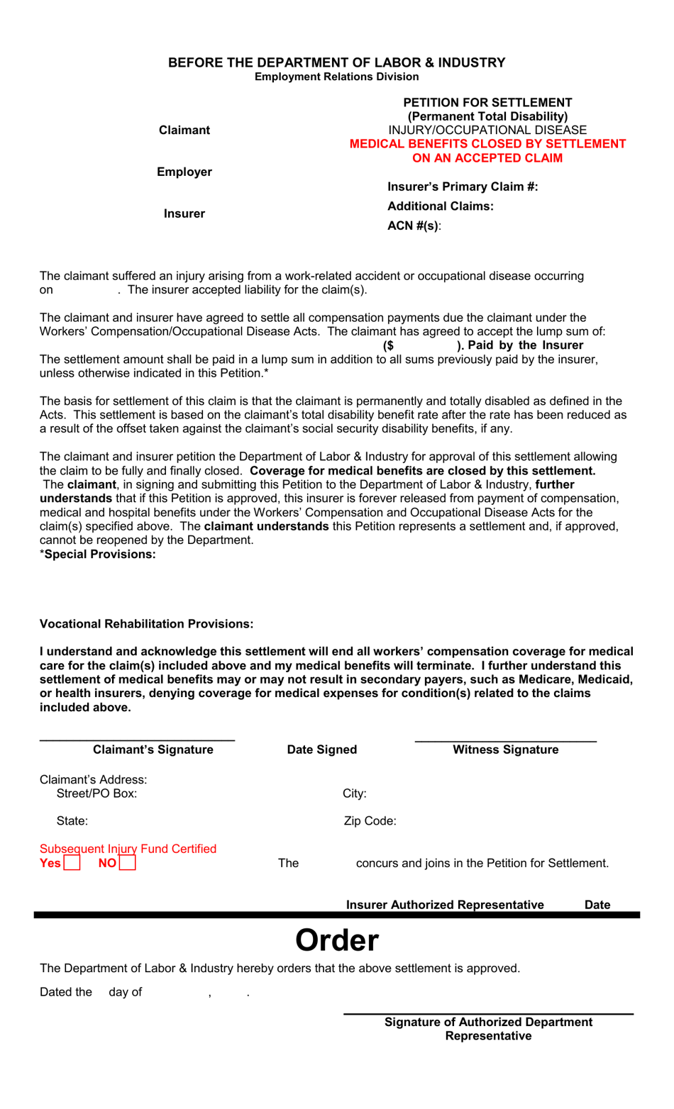 Petition for Settlement - Ptd, Injury / Od Medical Closed on an Accepted Claim - Montana, Page 1
