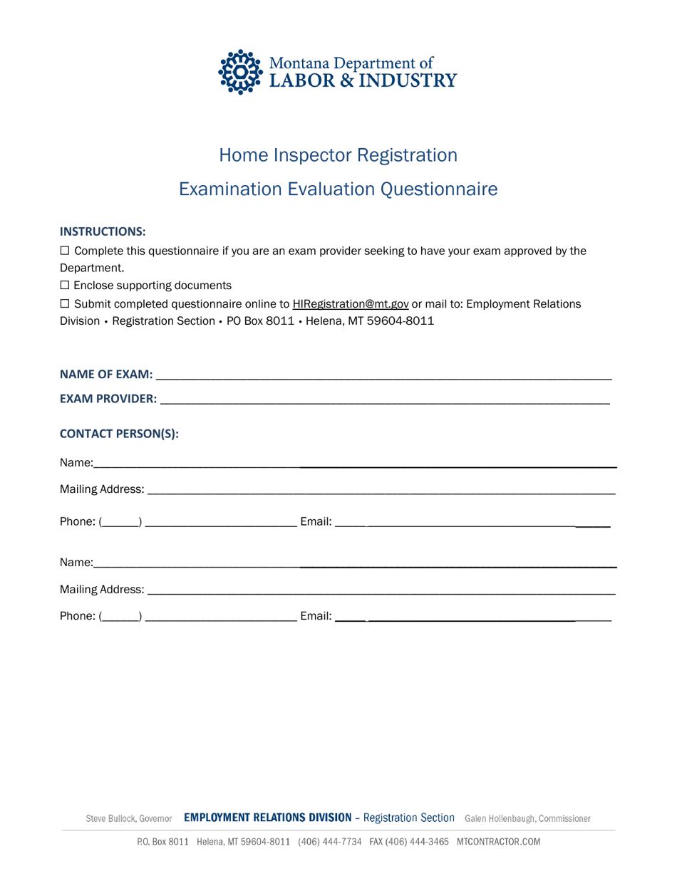 Montana Home Inspector Examination Evaluation Questionnaire Fill Out