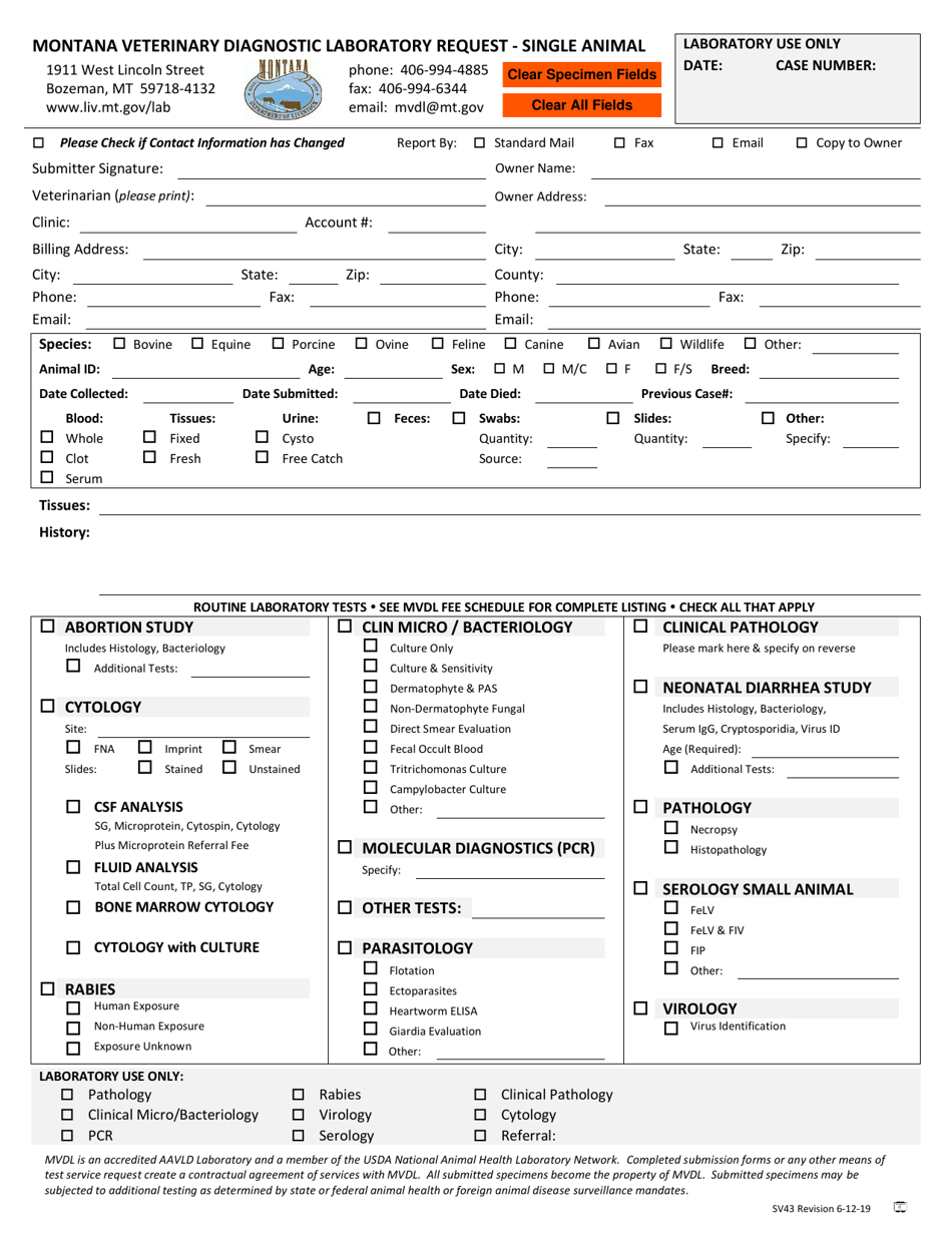 Form SV43 Montana Veterinary Diagnostic Request - Single Animal - Montana, Page 1