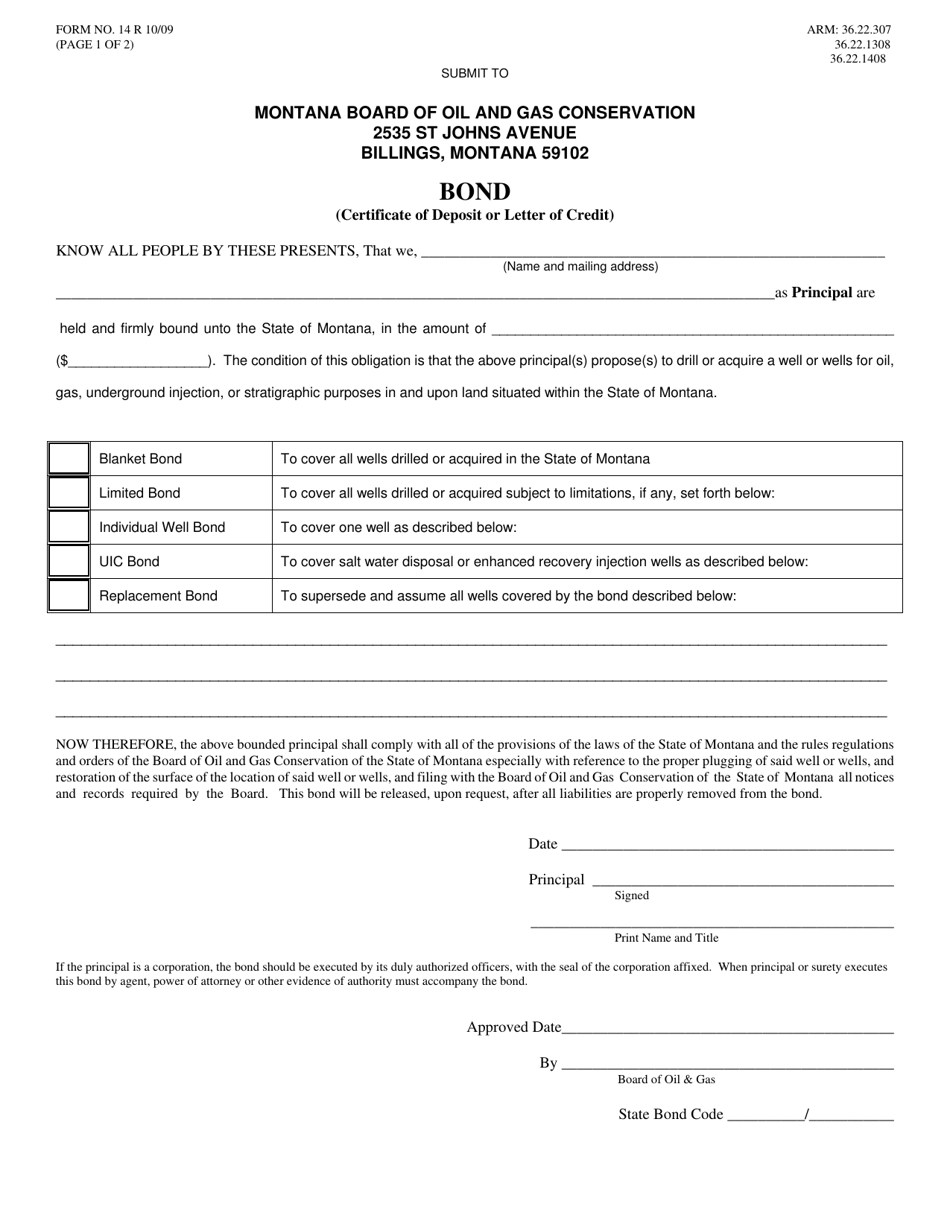 Form 14 Page 1 Bond (Certificate of Deposit or Letter of Credit) - Montana, Page 1