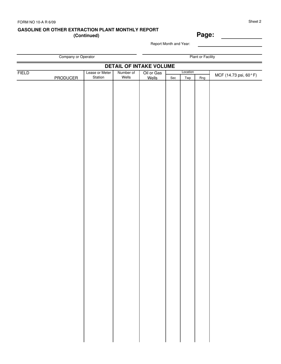 Form 10 Page 2 Gasoline or Other Extraction Plant Monthly Report - Montana, Page 1