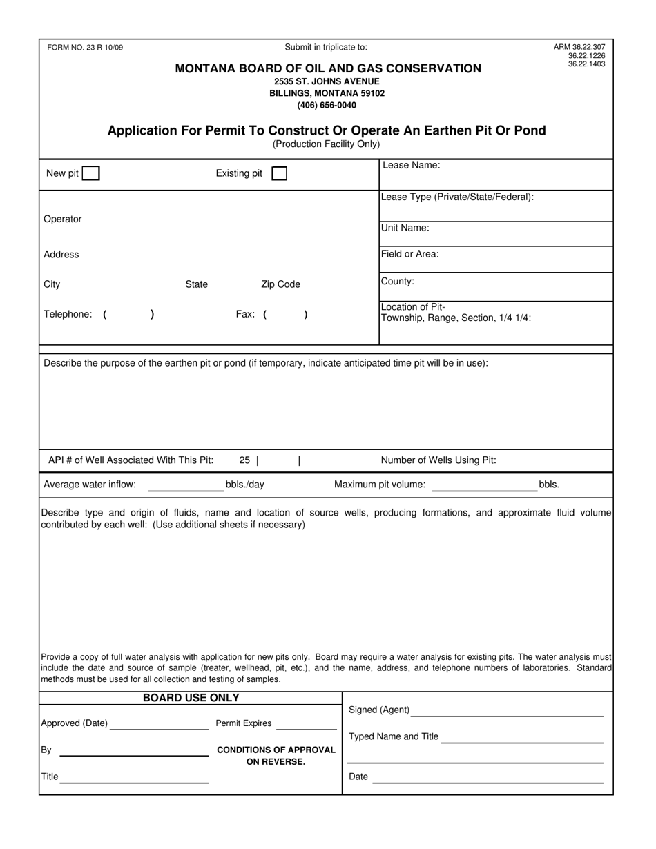 Form 23 Application for Permit to Construct or Operate an Earthen Pit or Pond - Montana, Page 1