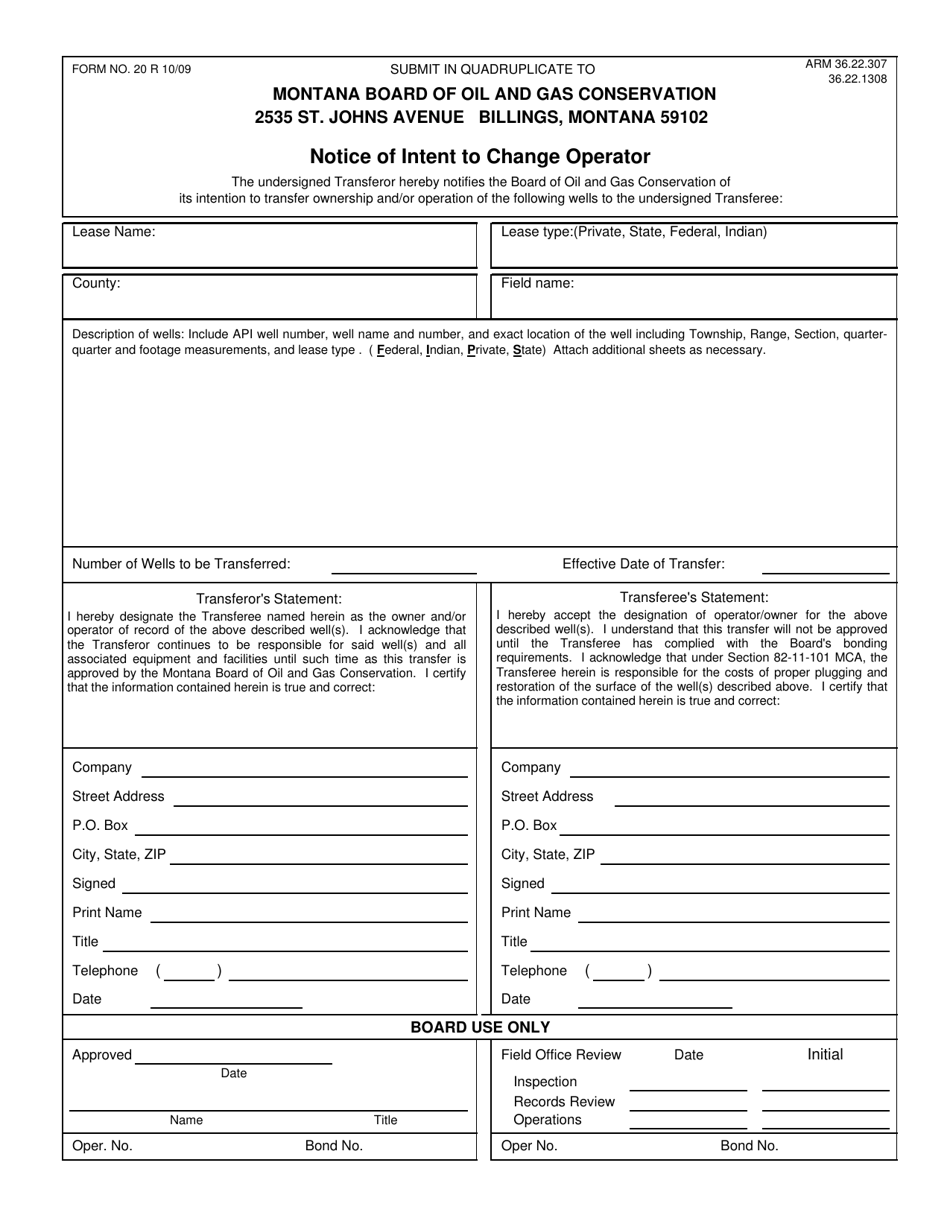 Form 20 Notice of Intent to Change Operator - Montana, Page 1