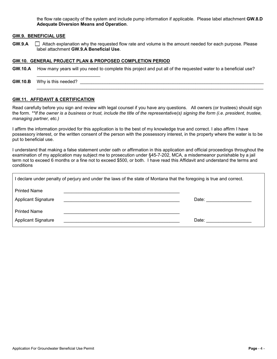Form 600 GW Groundwater Application for Beneficial Water Use Permit - Montana, Page 4