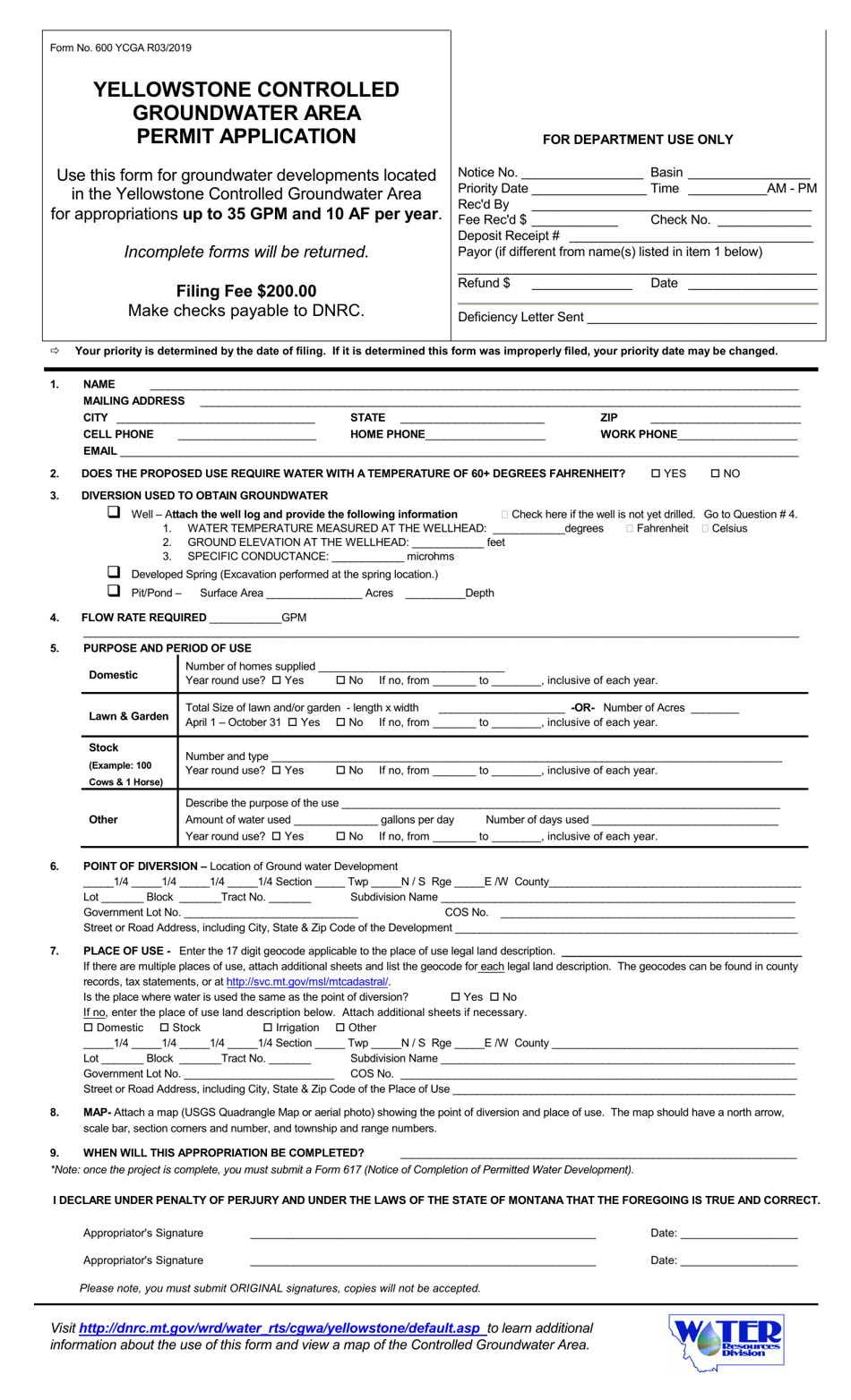 Form 600 YCGA Yellowstone Controlled Groundwater Area Permit Application - Montana, Page 1