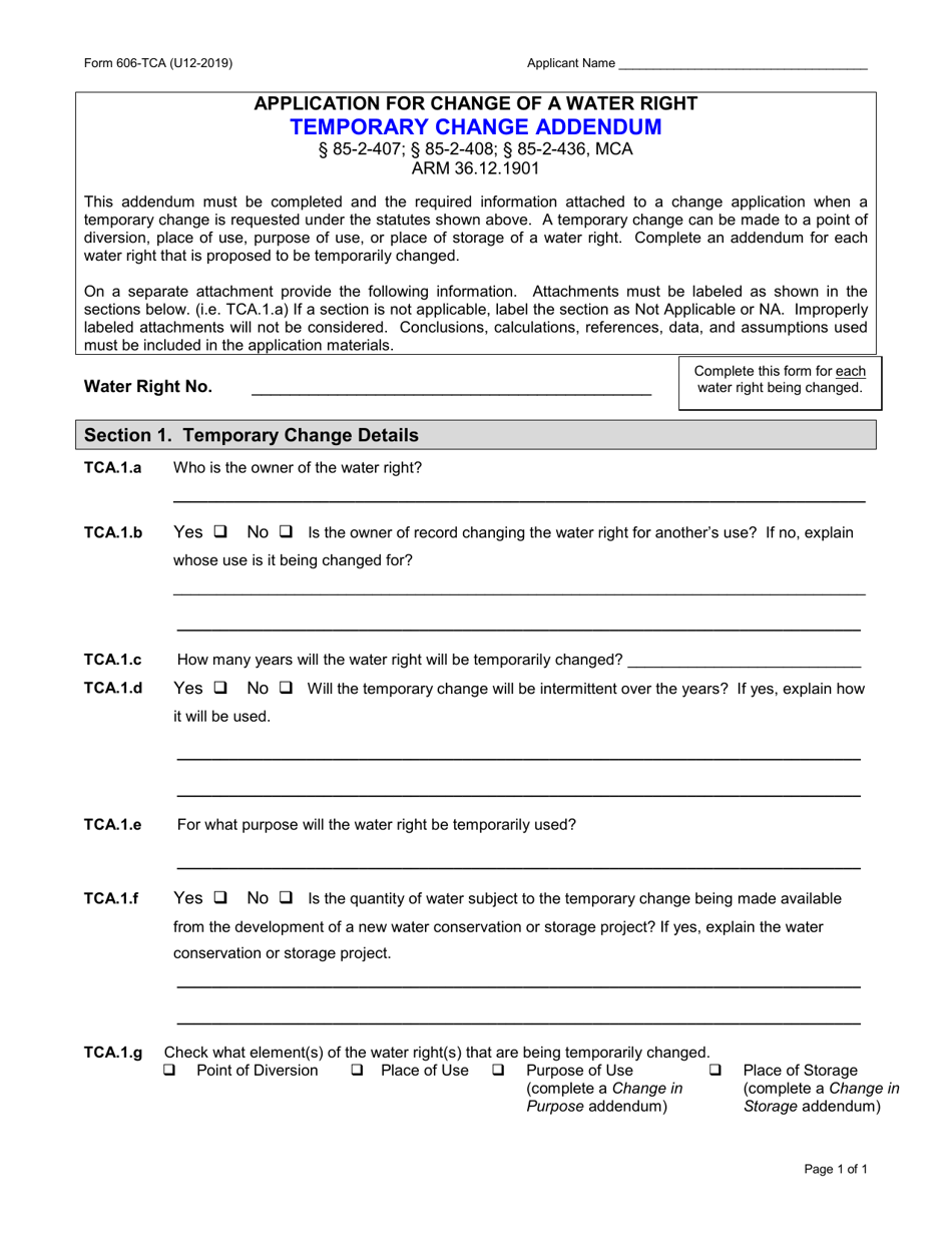 Form 606-TCA Temporary Change Addendum - Montana, Page 1