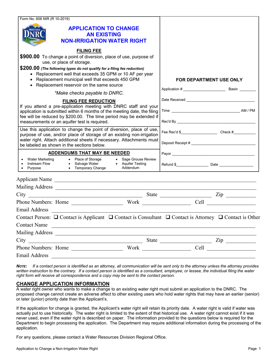 Form 606 NIR Non-irrigation Application for Change of Appropriation Water Right - Montana, Page 1