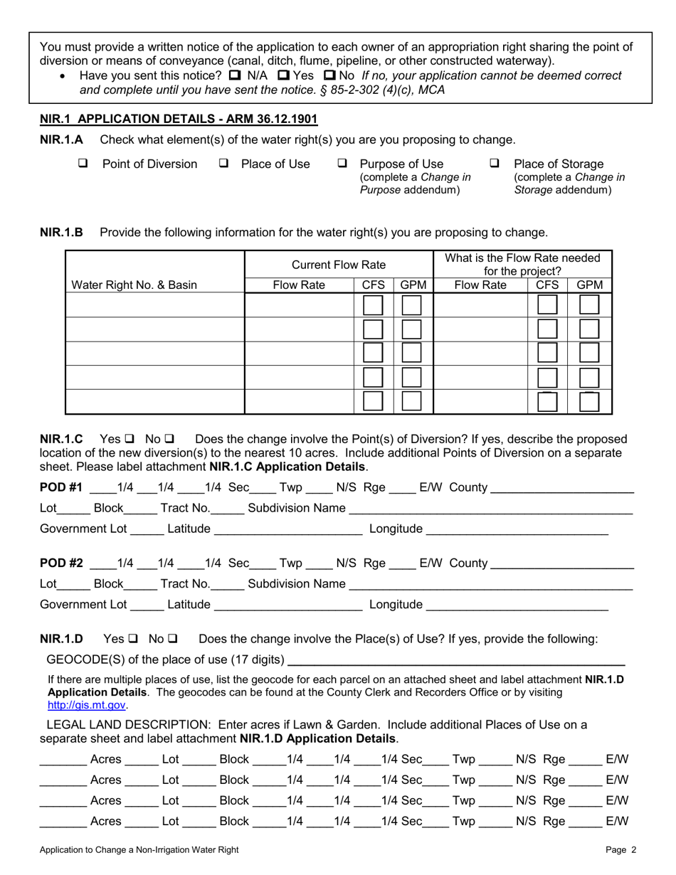 Form 606 NIR Non-irrigation Application for Change of Appropriation Water Right - Montana, Page 2