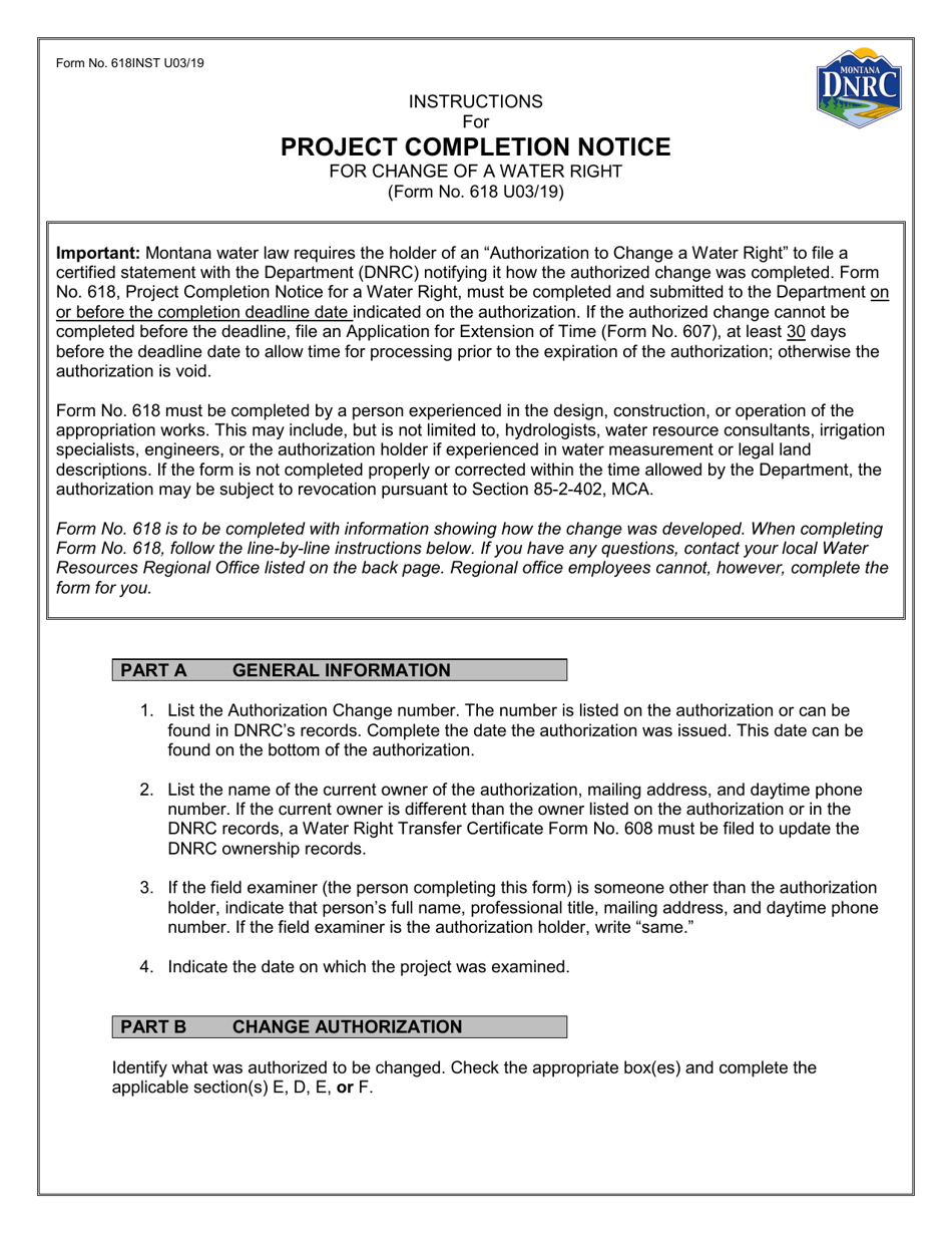 Instructions for Form 618 Notice of Completion of Change of Appropriation Water Right - Montana, Page 1